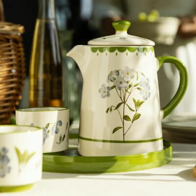Modern SweetHome Freesia Retro Hand-Painted Teapot Set with Tray - 801ml-900ml