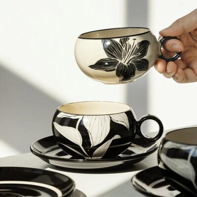 Modern SweetHome Retro Lily Cup and Saucer Set - Khaki