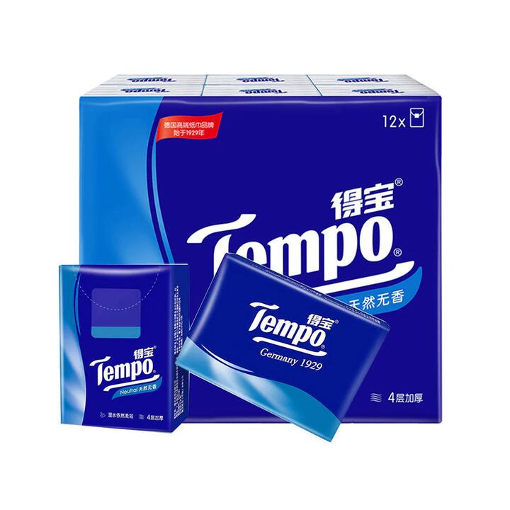 Tempo Mini Handkerchief Tissues, Unscented Natural, 7 Sheets per Pack, 12 Packs