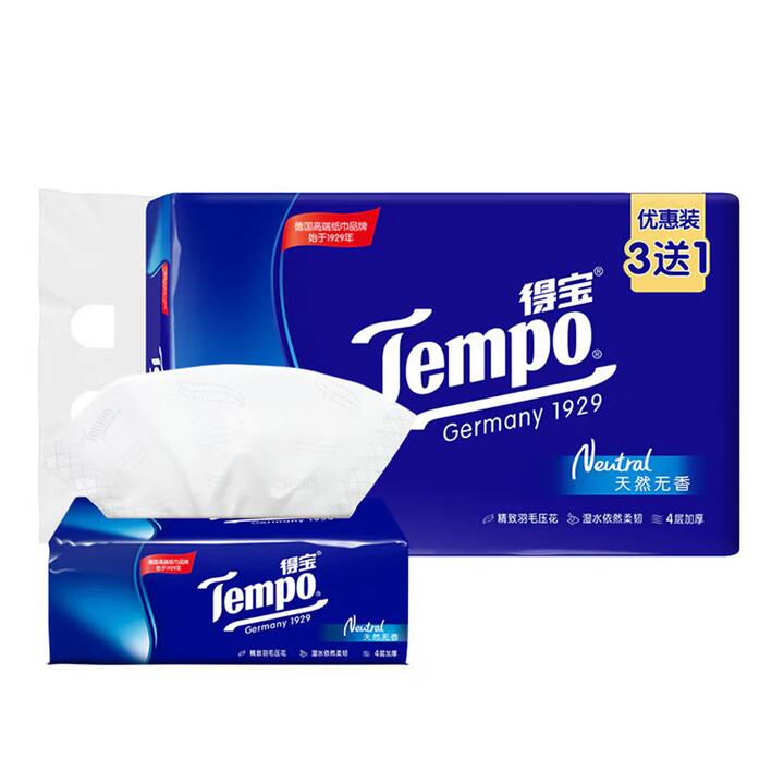 Tempo Classic Unscented Tissues, 90 Sheets per Pack, 4 Packs