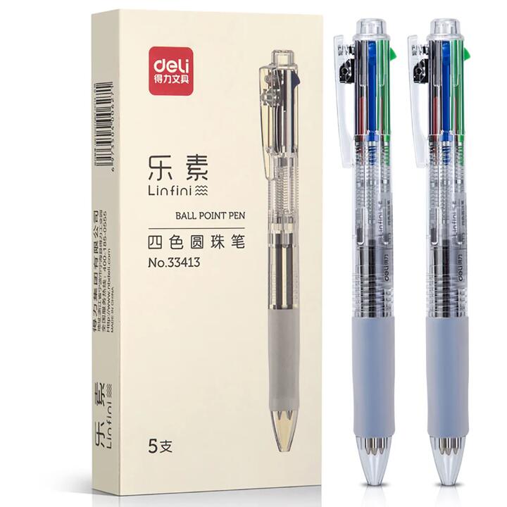 Deli Four-Color Ballpoint Pen - 0.7mm, Mixed Colors, 5-Pack