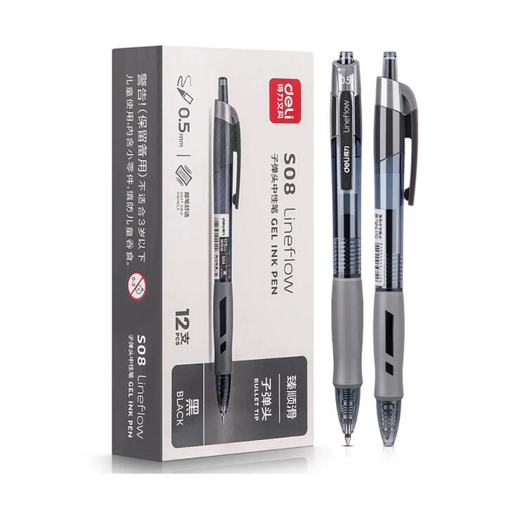 Deli Smooth Gel Ink Pen 0.5mm Bullet Tip - Black, 12 Pieces