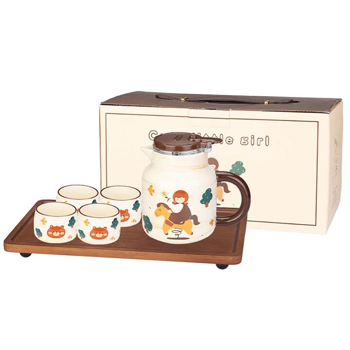 Modern SweetHome Wooden Horse Girl Teapot Set with Tray - 780-800ml