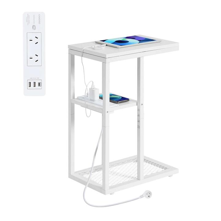 Casadiso Sofa Side Table with Australian Charging Station Narrow Bedside Table with Powerboard C-Shaped Coffee Table with USB C Fasting Charging (Mintaka) - White