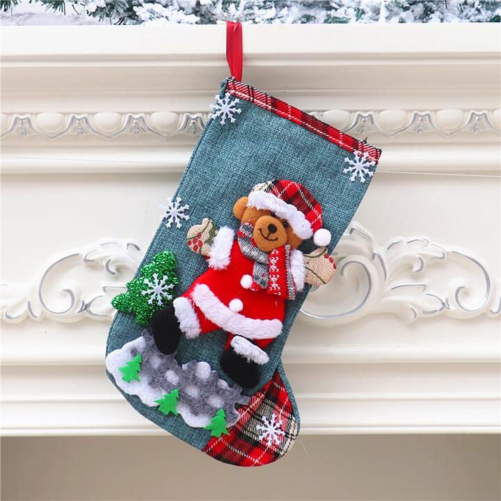 Large Burlap Christmas Stocking with Bear Design