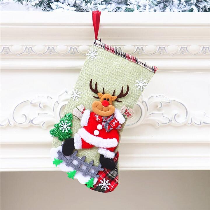 Large Burlap Christmas Stocking with Reindeer Design