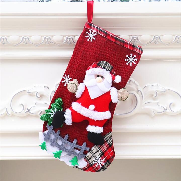 Large Burlap Christmas Stocking with Santa Claus Design