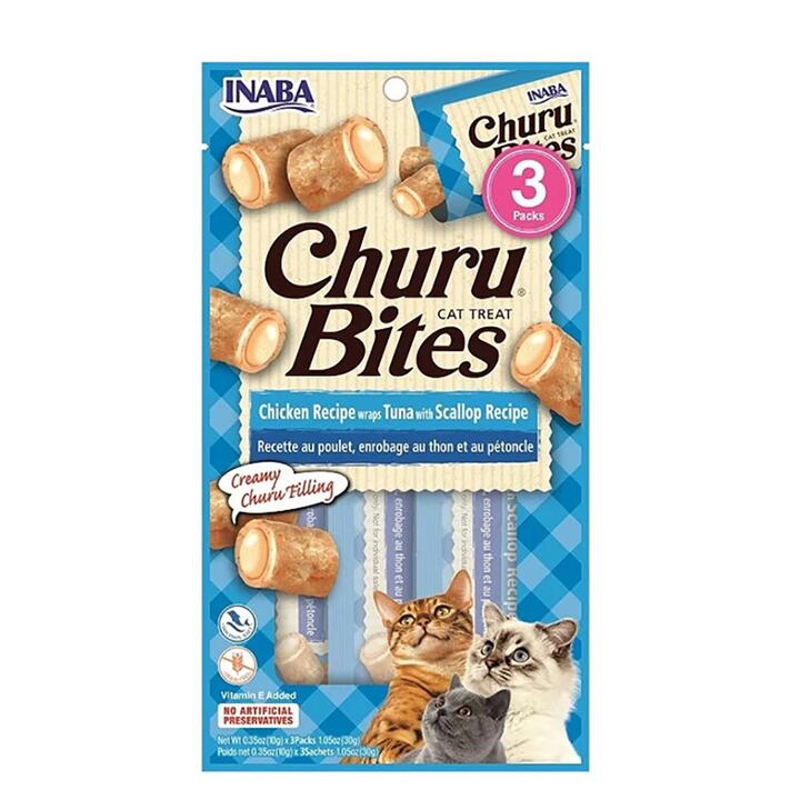 Inaba Churu Bites Cat Treats - Chicken Wraps Tuna with Scallop Recipe, 3 Pieces, 30g