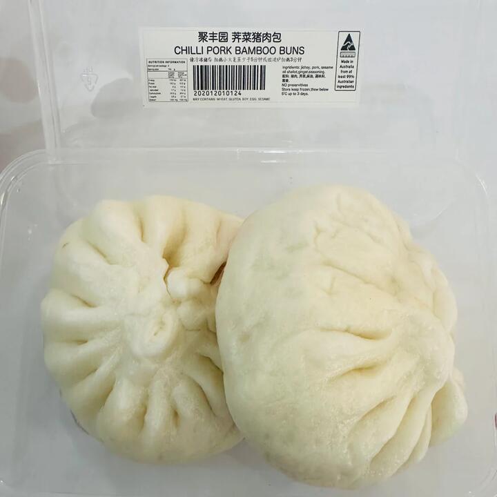 Jufengyuan Shepherd’s Purse & Pork Steamed Buns (Baozi) – 2 Pieces, 280 g (Frozen)