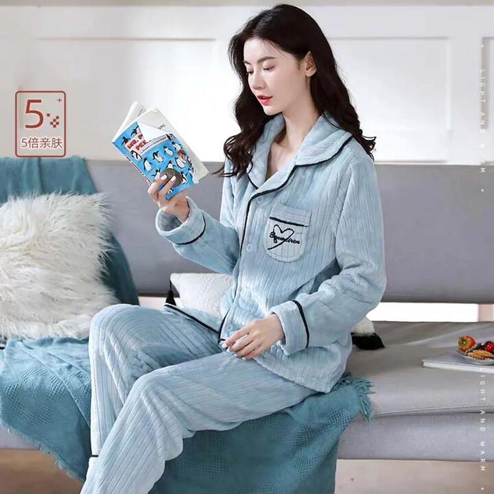 Coral Fleece Thermal Pajama Set – Lake Blue, Unisex, XXL (2-Piece)