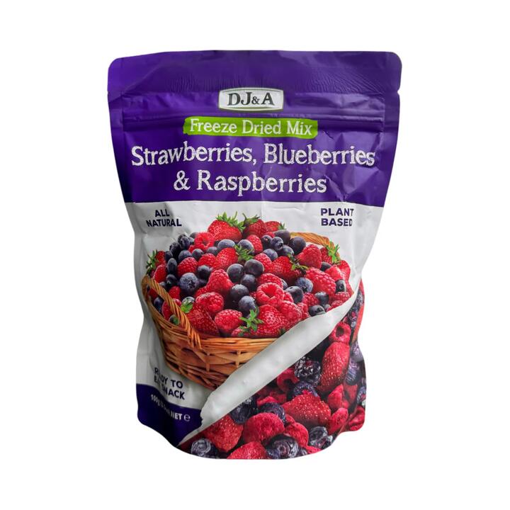 DJ&A Freeze-Dried Strawberries, Blueberries & Raspberries Mix 100g – All-Natural Crunchy Berry Snack
