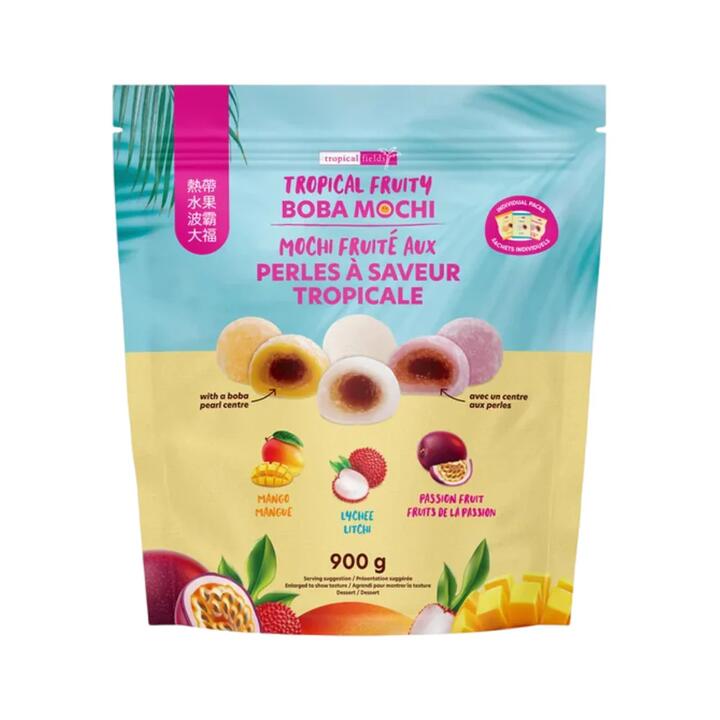 Tropical Fields Tropical Fruity Boba Mochi Variety Pack – Mango, Lychee & Passion Fruit, Chewy Rice Cakes with Boba Pearl Center, 900g
