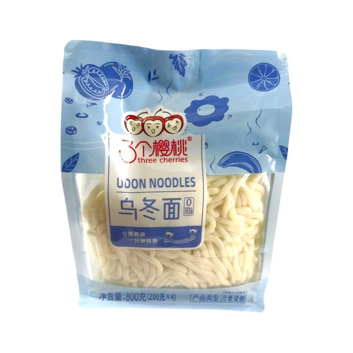 Three Cherries Quick-Cook Udon Noodles 800g (4 x 200g) – Pre-Cooked Japanese-Style Wheat Noodles Ready in 1 Minute