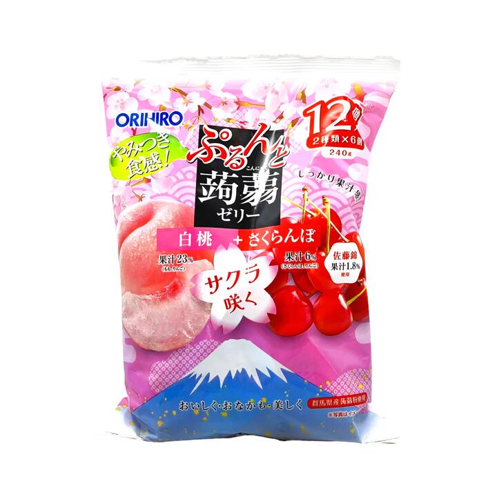 Orihiro Konjac Fruit Jelly – White Peach & Cherry 240g (12 Cups) - Low-Calorie Konnyaku Snack